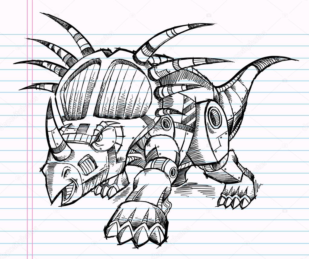 Sketch Doodle Robot Machine Triceratops Dinosaur Illustration