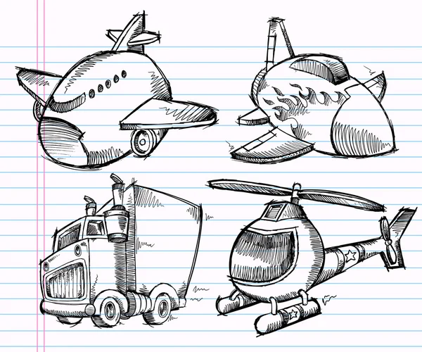 Cute Sketch Doodle Transportation Vector set — Stock Vector