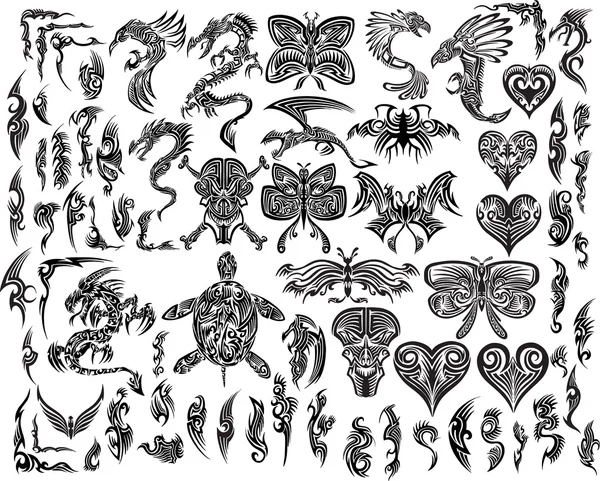 Iconic Dragons Butterfly Eagle Tattoo Tribal Vector Set — Stock Vector