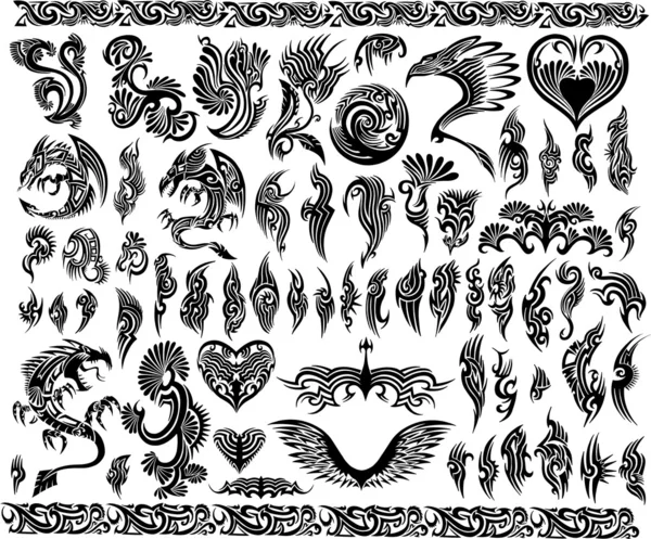 Draghi iconici cornice di confine Tattoo Tribal Vector Set Vettoriale Stock