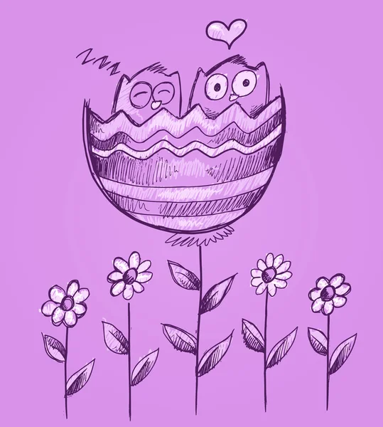 Desenho Doodle Valentine Coruja Flores Vector Art — Vetor de Stock