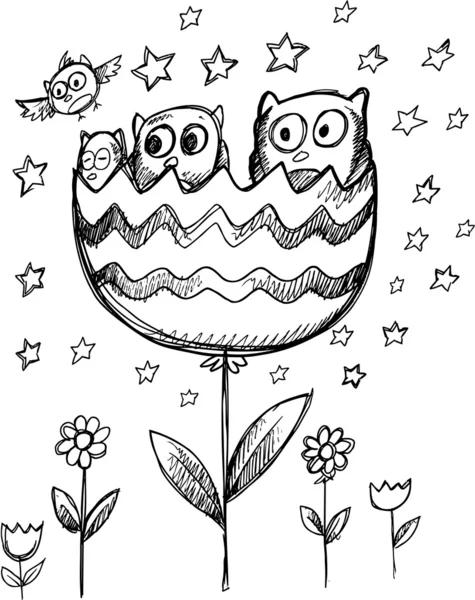 Bosquejo Doodle Primavera Búho Flores Vector Arte — Archivo Imágenes Vectoriales