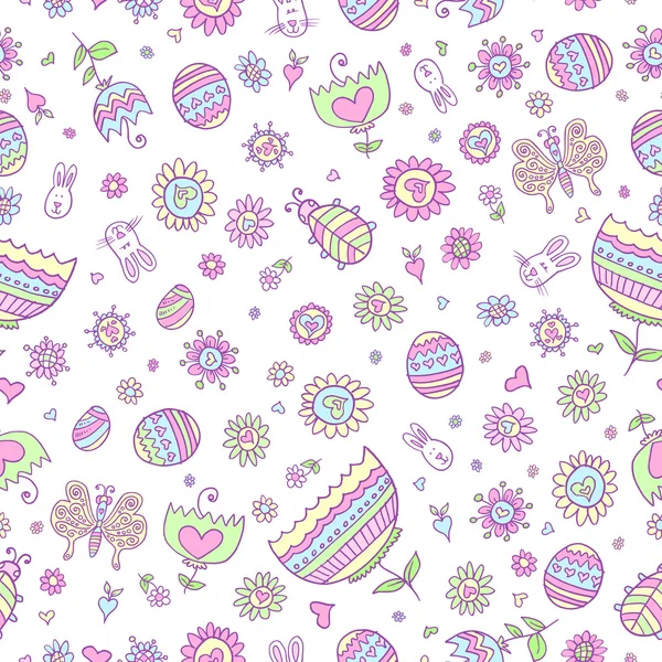 Cute Springtime Easter Doodle Seamless Pattern Vector — Stock Vector