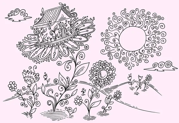 Çiçek Bahçesi vektör çizim sanat doodle — Stok Vektör