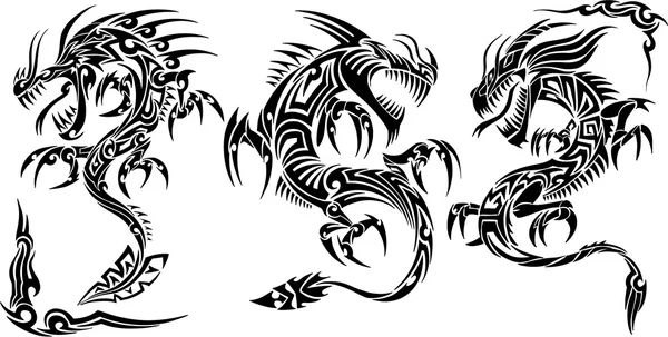 Dragones icónicos marcos fronterizos tatuaje conjunto de vectores tribales — Vector de stock