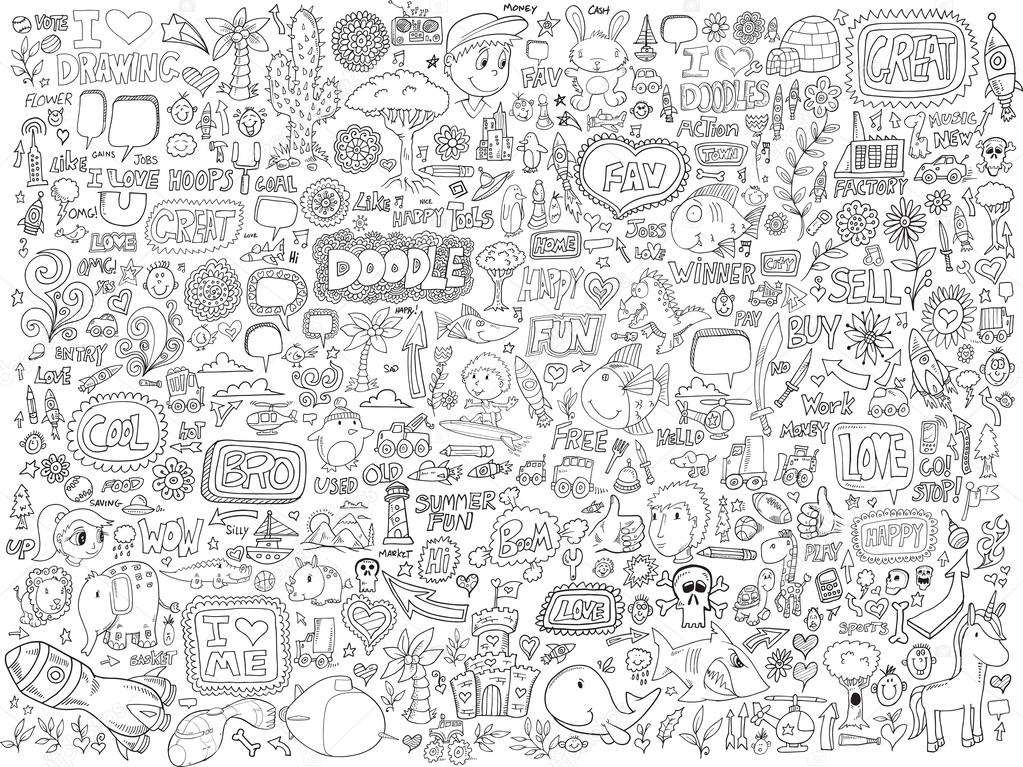 Doodle Sketch Animals People Flowers Set