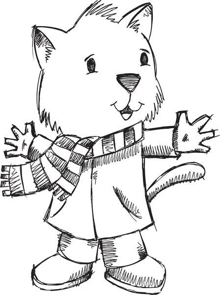 Schets doodle tekening winter christmas kat vector kunst — Stockvector