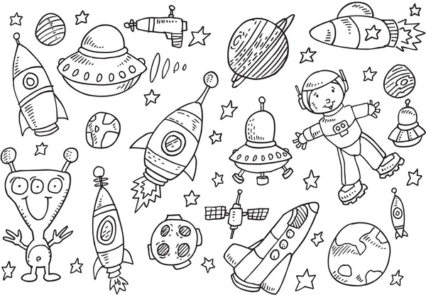 Set di vettori Doodle per schizzi spaziali esterni — Vettoriale Stock