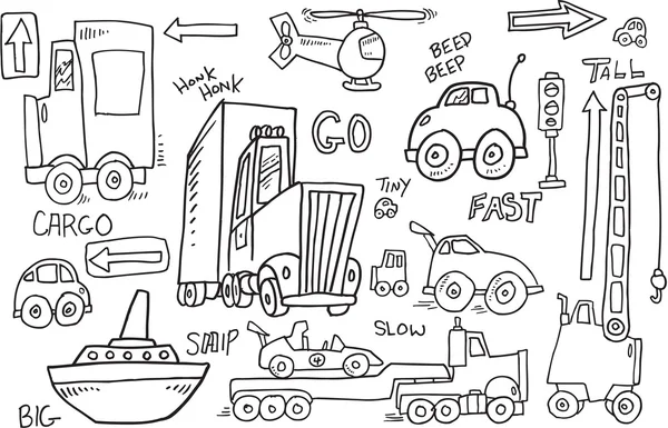 Lindo juego de ilustración vectorial de Doodle de transporte — Vector de stock