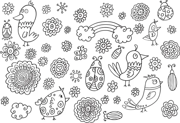 Aves e flores Doodles Primavera Conjunto de ilustração vetorial — Vetor de Stock