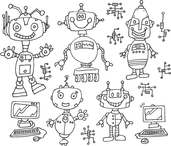 Robot tecnologia doodles vettoriale illustrazione arte insieme — Vettoriale Stock