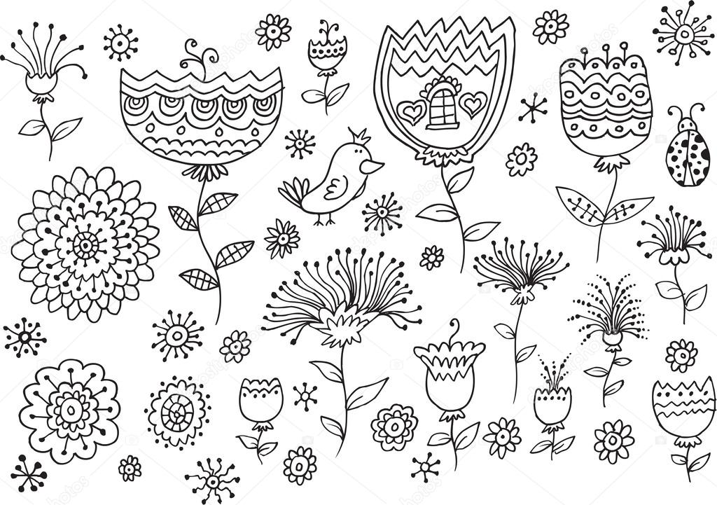 Fairytale Flower Spring Doodles Vector Illustration set