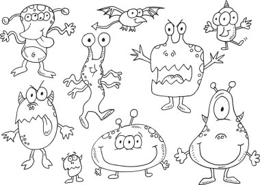 Halloween monsters doodle illüstrasyon sanat set vektör