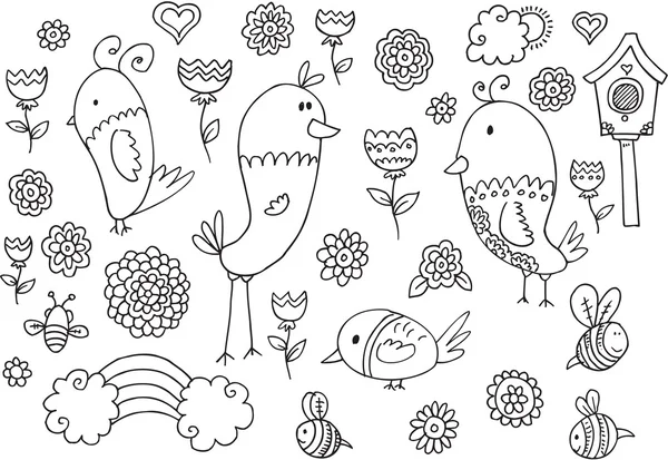 Jaro léto ptačí květinu vektorové doodle sada — Stockový vektor