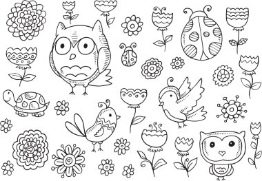 orman yaratıkları bahar çiçek vektör doodle set