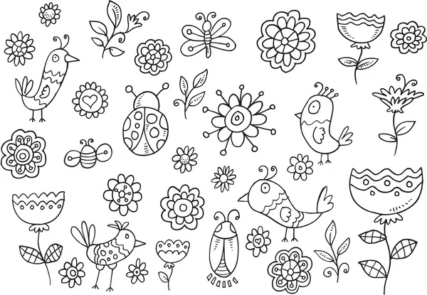 Springtime Bird Flower Vector Doodle Set — Stock Vector