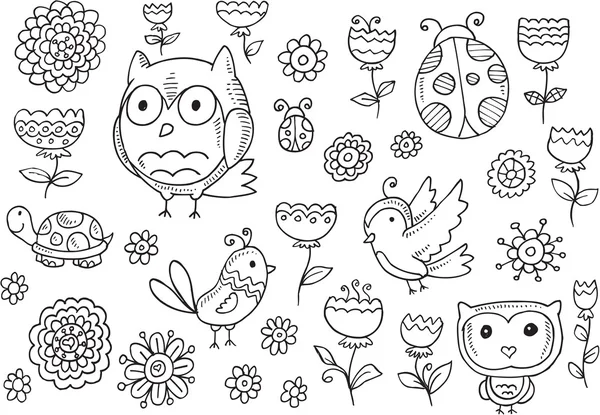 Bosque criaturas primavera flor vector doodle conjunto — Archivo Imágenes Vectoriales