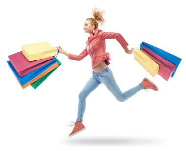 woman running with shopping bags