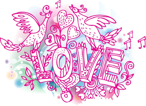 Esquisse d'amour avec les oiseaux et le cœur — Image vectorielle