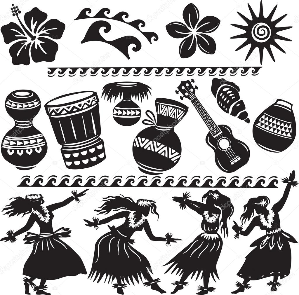 Hawaiian Set with dancers and musical instruments