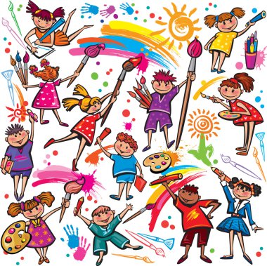 Happy children drawing with brush and colorful crayons