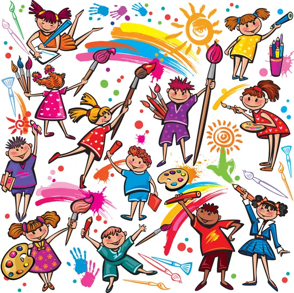 Happy children drawing with brush and colorful crayons — Stock Vector