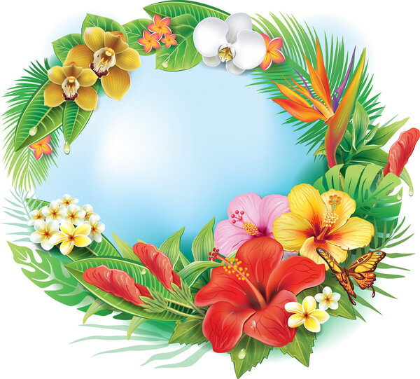 Round banner from tropical flowers and leaves