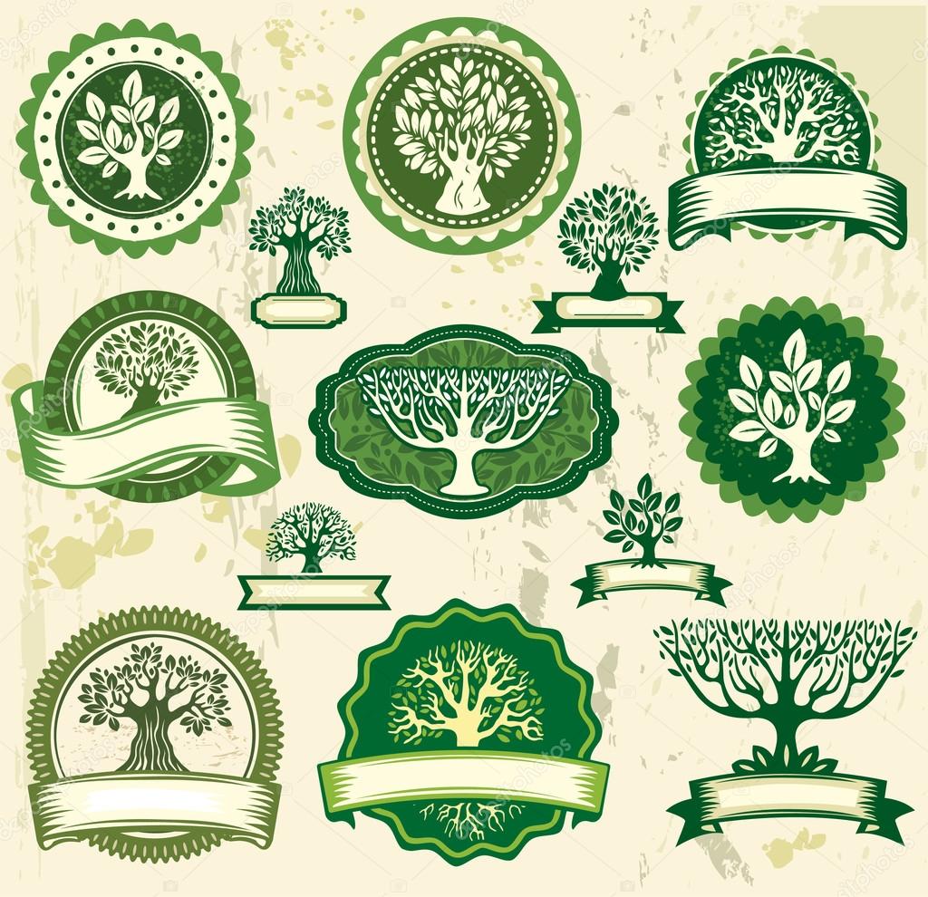 Set vintage labels with trees