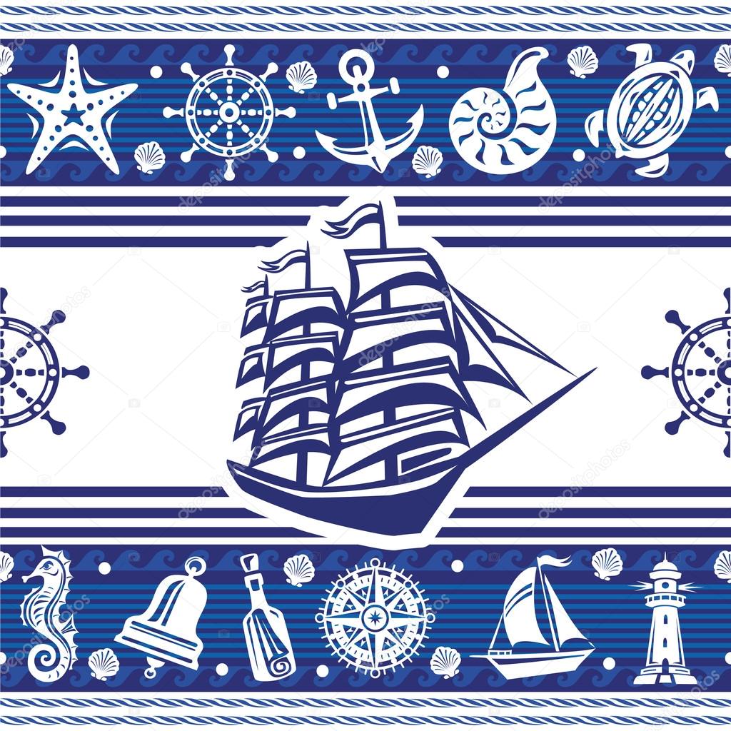 Banners with Nautical symbols and ship