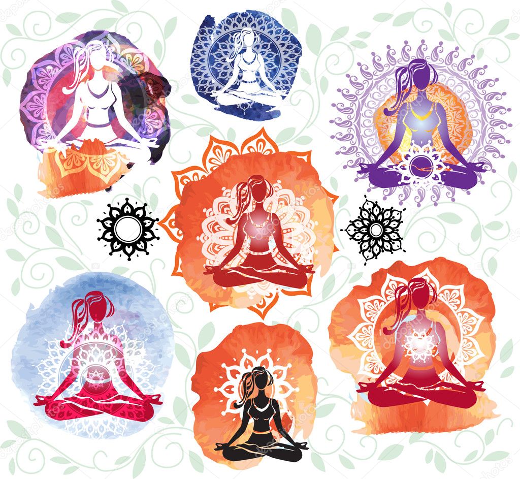 Silhouette of woman meditating in lotus position on round patter