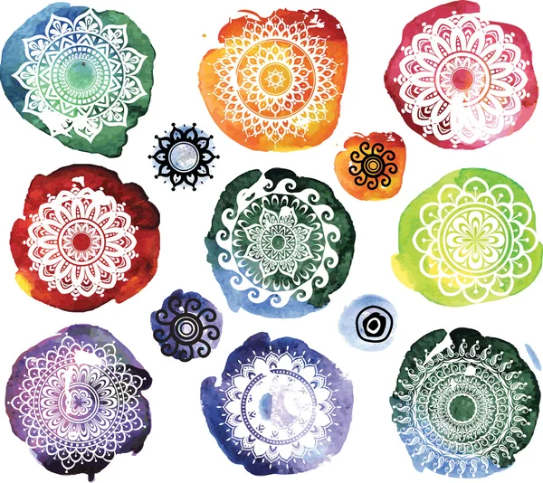 Set of Round Ornament Pattern on watercolor splatters — Stock Vector