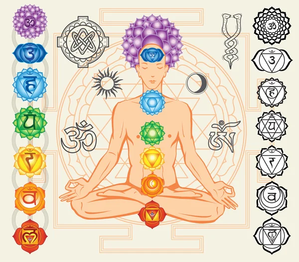Silhouet van man met chakra's en esoterische symbolen — Stockvector