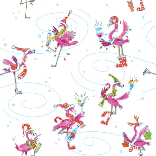 Flamingo Ice Patinaj Fără Sudură Drăguț Amuzant Model Crăciun — Vector de stoc