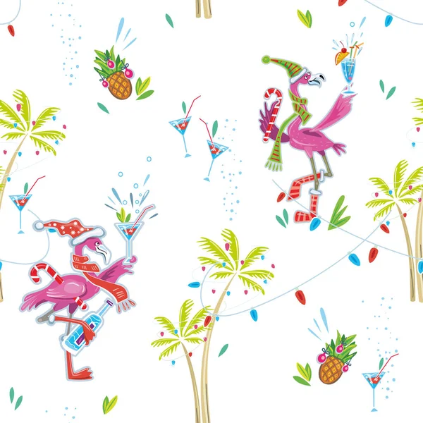 Рождественская Вечеринка Фламинго Милый Бесшовный Узор — стоковый вектор