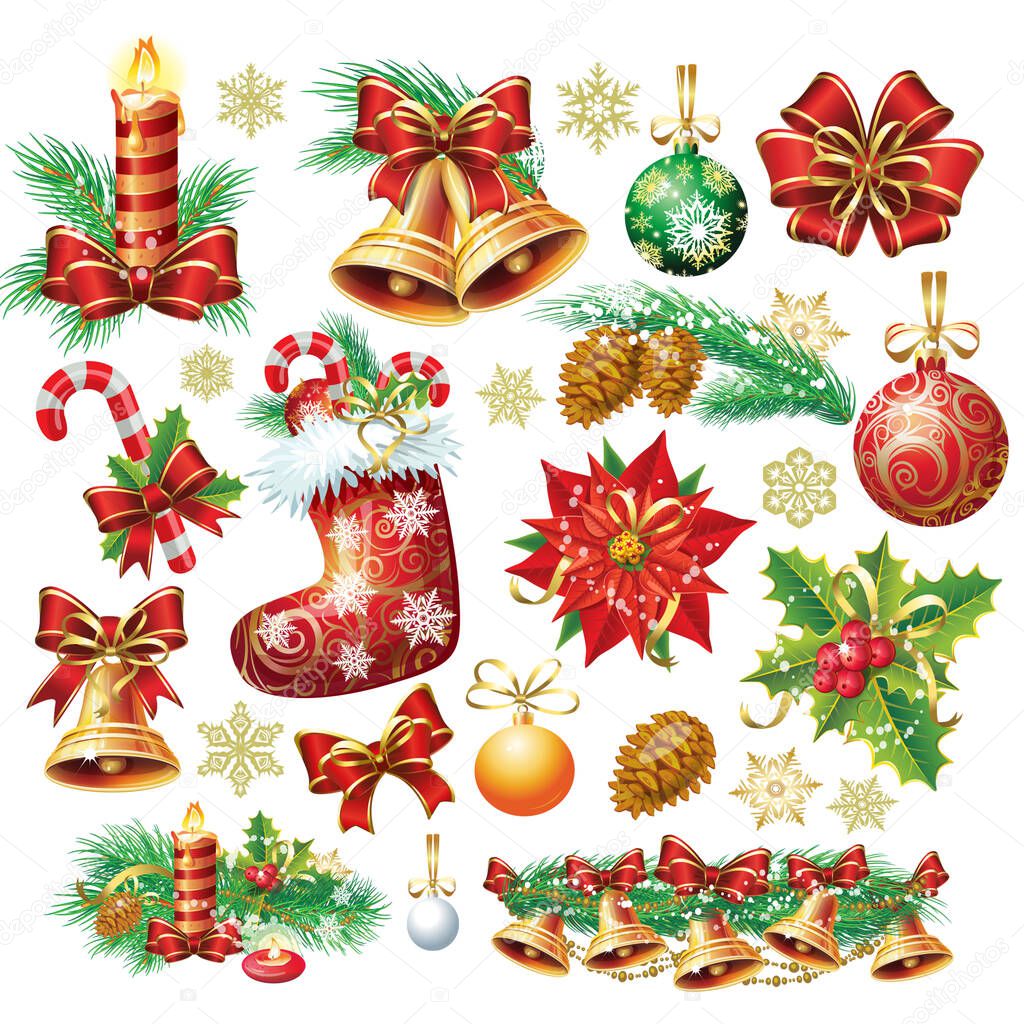 Christmas and Happy New Year objects collection Vector isolated illustrations