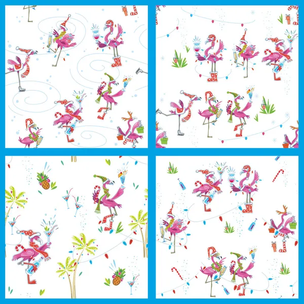Set Seamless Patterns Flamingoes Christmas Party Flamingo Santa — стоковий вектор