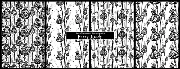 Set Seamless Patterns Black Poppy Heads — Wektor stockowy