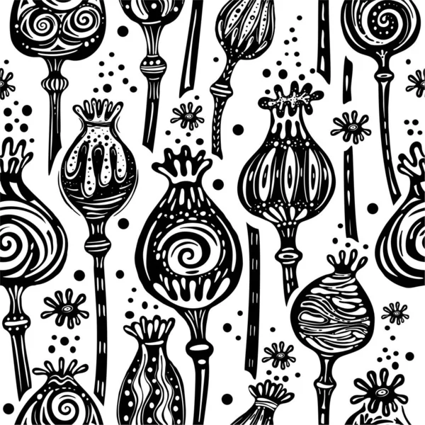 Seamless Patterns Black White Poppy Heads — Stock Vector