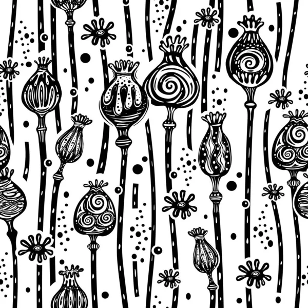 Seamless Pattern Black White Poppy Heads — Stock Vector