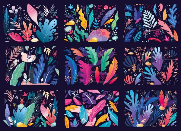 Комплект Цветочными Листьями Ветви Цветов Абстрактные Природные Элементы Модном Стиле — стоковый вектор