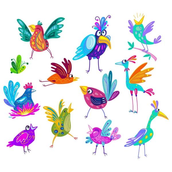 Conjunto de pássaros engraçados bonitos no vetor —  Vetores de Stock