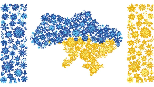 Ukrayna haritası. Sarı ve mavi çiçekler. — Stok Vektör
