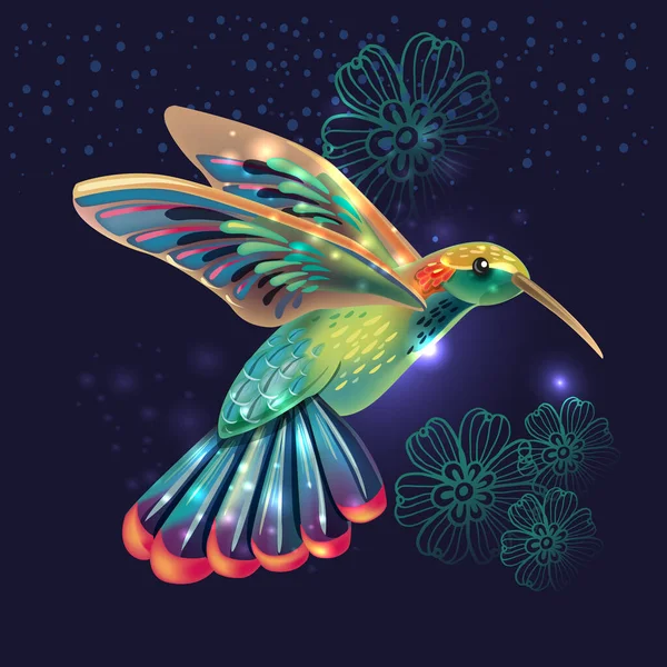 Heller Kolibri auf dunklem Hintergrund Vektor-Illustration — Stockvektor