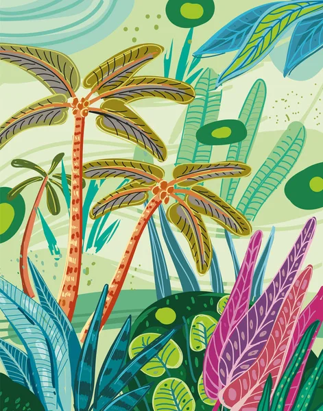 Soyut Tropikal Orman Çizimi Vektör Sanatı Duvar Kağıdı Tasarımı — Stok Vektör