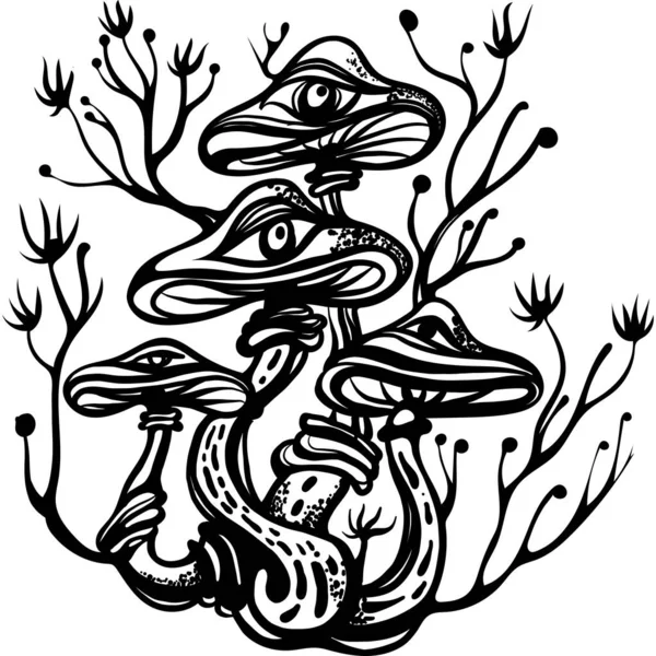 Fantasy Magic Mushrooms Dziwne Fairy Tale Wektor Rysunek Czarno Białe — Wektor stockowy