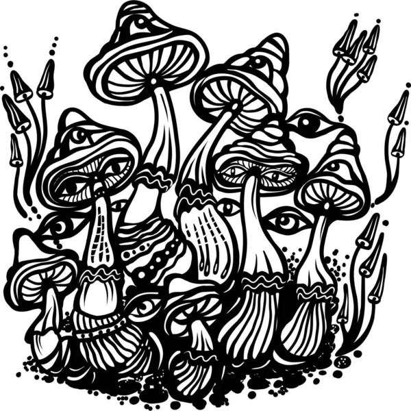 Fantasy Magic Mushrooms Strange Fairy Tale Vector Drawing Black White — Stock Vector