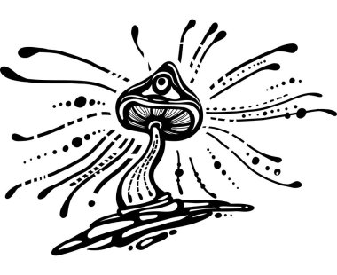 Fantezi Sihirli Mantarlar Garip Masal Vektörü Siyah beyaz grafikler çiziyor