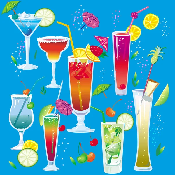 Set Van Cocktails Verschillende Soorten Glazen Zomer Cocktail — Stockvector