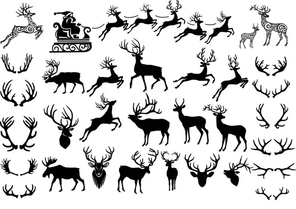 Silhouettes Deer Deer Antlers Santa Claus Sleigh Cart Element Christmas — Stock Vector