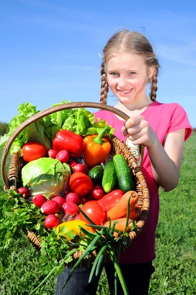 Girl with basket of vegetables — Stock Photo, Image